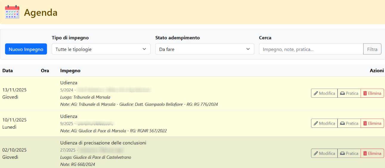 Screenshot Gestione Agenda