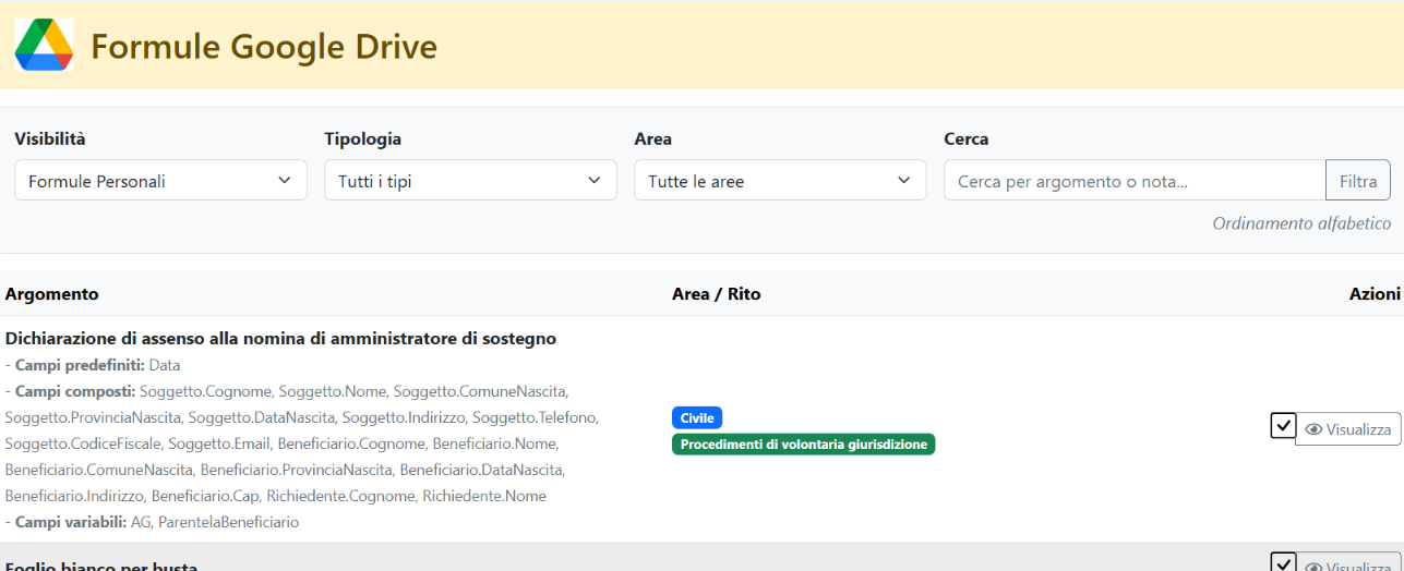 Screenshot Gestione Formule