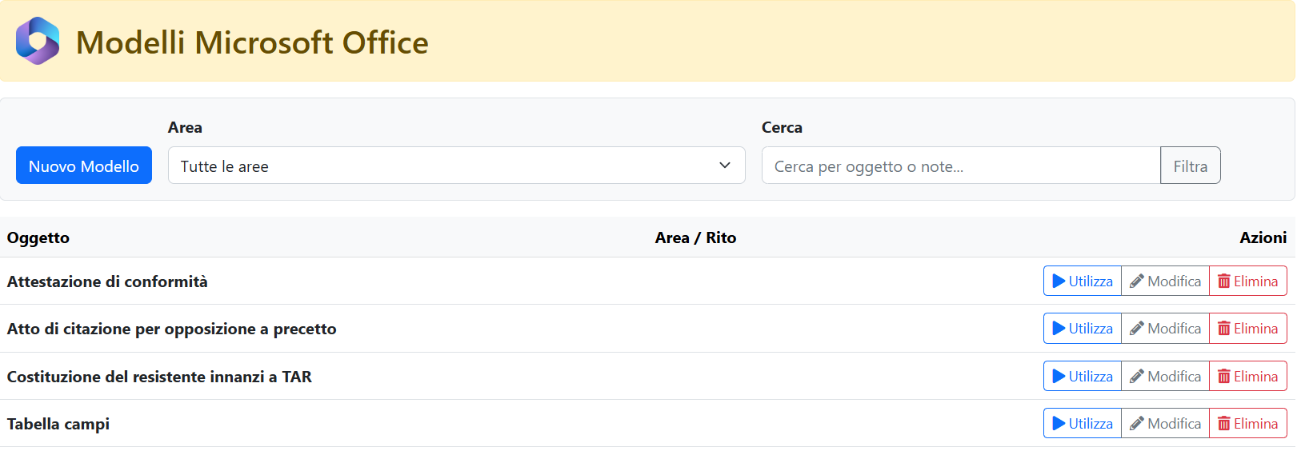 Screenshot Gestione Modelli